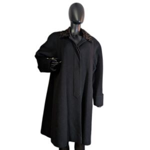 Fleet Street Woman 18W Black 100% Wool Coat Leopard Velvet Collar Vintage Plus